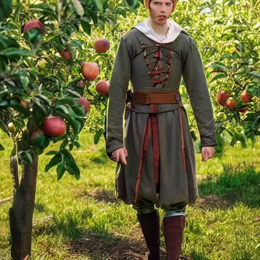 Prompt: portrait of a slender elven man, standing in an apple orchard, dressed in medieval clothes, very handsome, dungeons and dragons