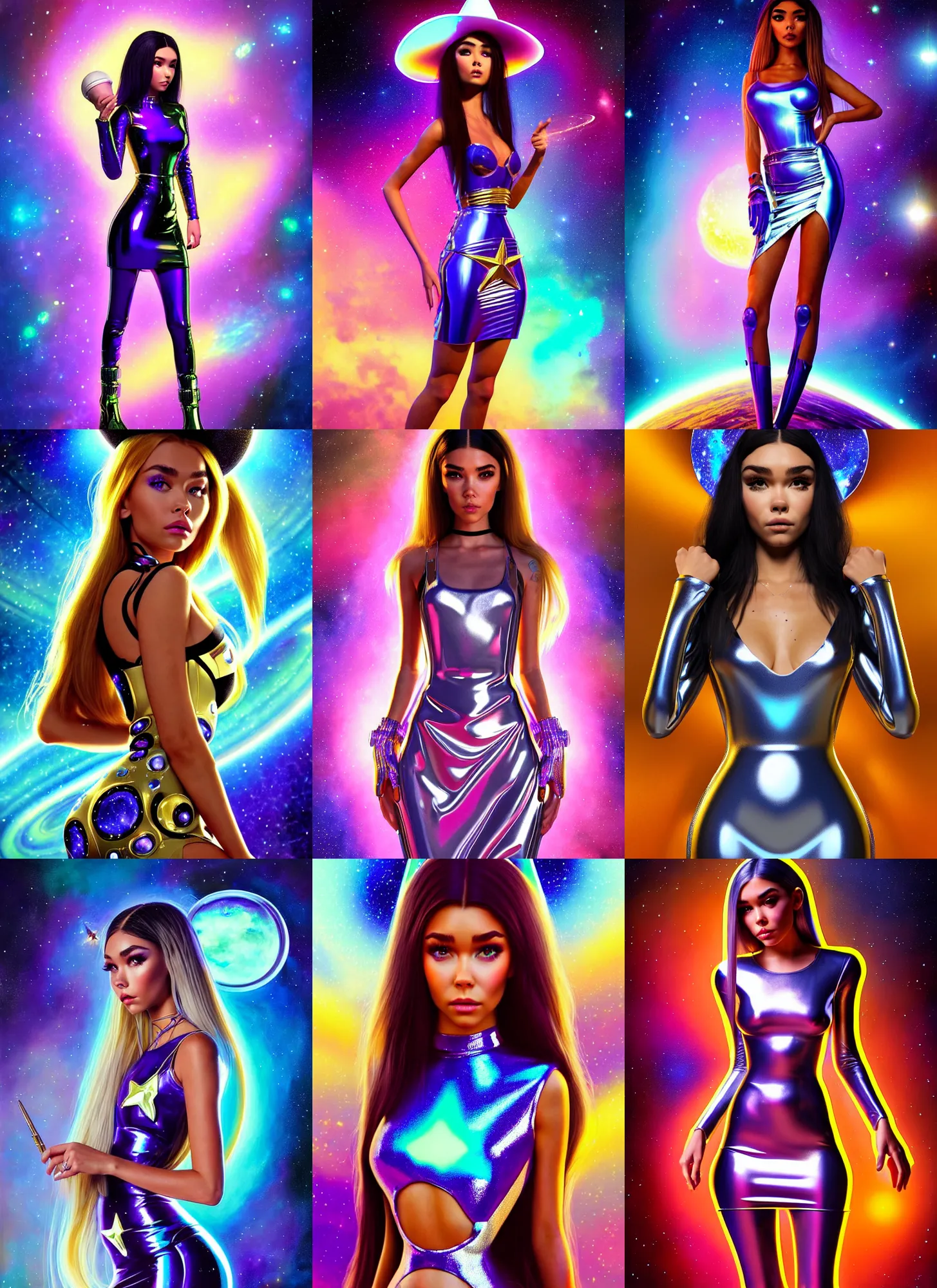 Prompt: madison beer polished shiny space raver cowgirl in vinyl dress : : weta disney pixar movie still portrait photo : : hi - fructose, zebra, sci fi, fantasy, decadent highly - detailed digital painting, golden ratio, octane render, artstation, smooth, sharp focus, artgerm, mucha, loish, wlop : :