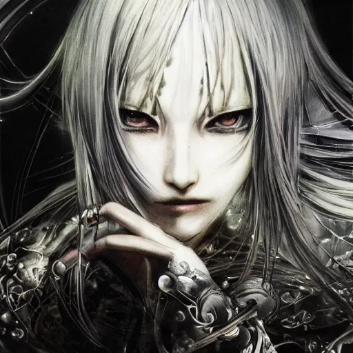 Image similar to yoshitaka amano blurred and dreamy illustration of an anime girl with pirate eye patch, wavy white hair and cracks on her face wearing elden ring armour with the cape fluttering in the wind, abstract black and white patterns on the background, noisy film grain effect, highly detailed, renaissance oil painting, weird portrait angle