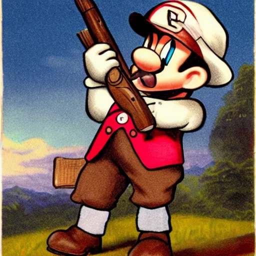 Image similar to an old timey country portrait of nintendo's kirby wearing daisy dukes with a flintlock pistol