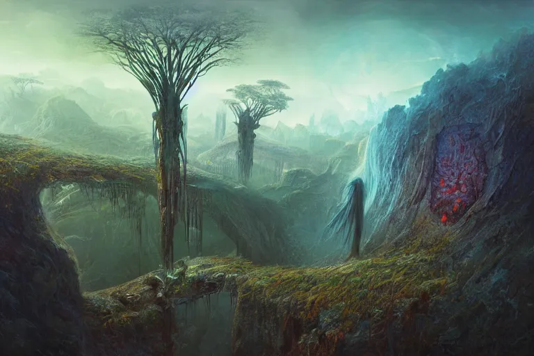 Image similar to amazing concept painting, by Jessica Rossier and HR giger and Beksinski, prophecy, hallucination, garden of eden, lush fruit orchard stream and rock garden