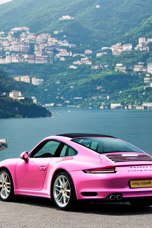 Prompt: Photo of a pink Porsche 911 Carrera 3.2 parked on a dock with Lake Como in the background, wide shot, rear view, daylight, blue sky, vibrant, dramatic lighting, award winning