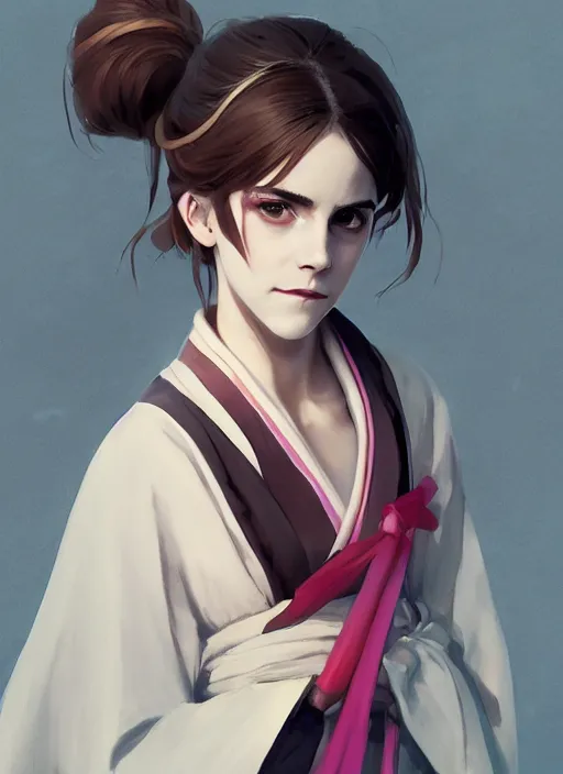 Image similar to emma watson as nezuko from demon slayer ねずこ wearing kimono covered mouth by artgem by greg rutkowski trending on artstation