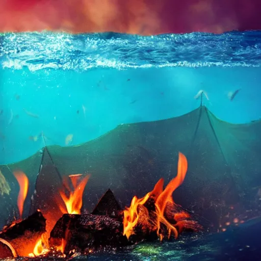 Image similar to photo of a camp fire underwater, highly - detailed, cinematic