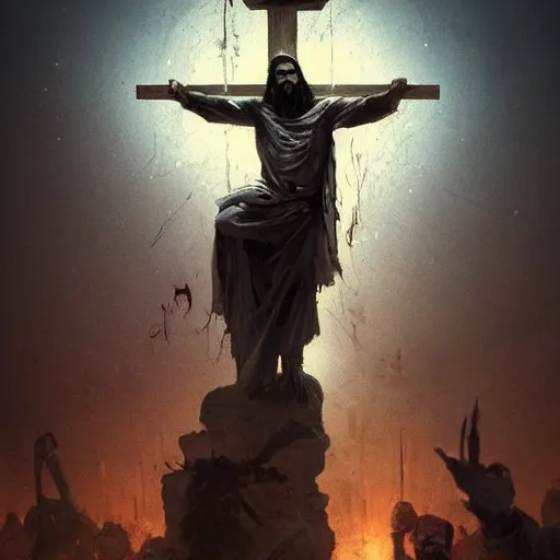 Image similar to zombie jesus christ with cross, greg rutkowski, trending on artstation,