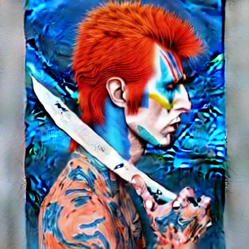 Prompt: Ziggy Stardust! holding! a Bowie knife, james jean!!!!, realism