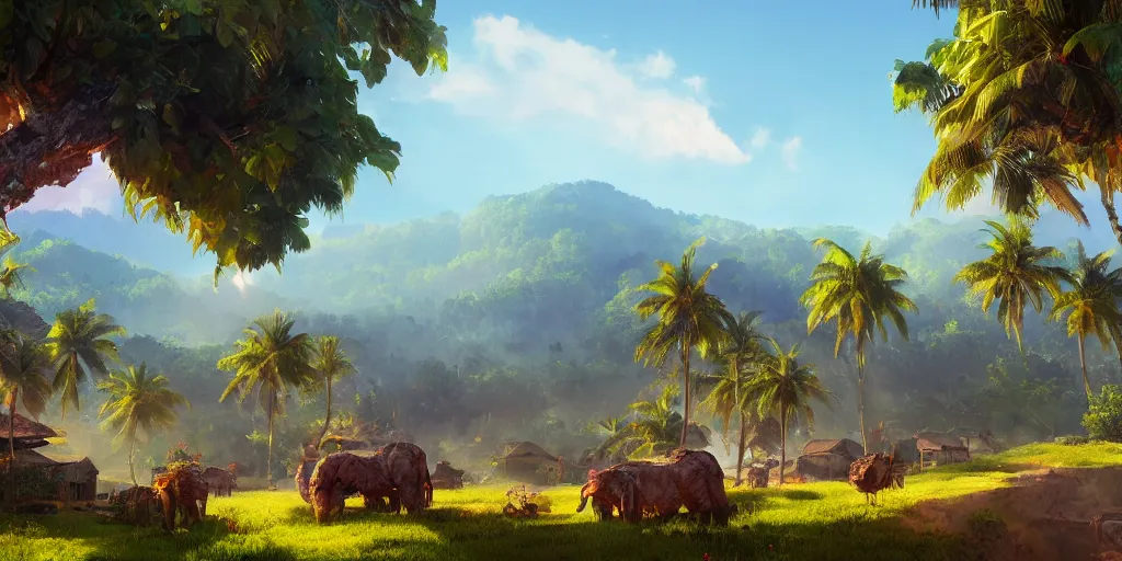 Image similar to Lively sunny landscape of a kerala village realistic detailed digital art by Maxwell Boas Jessica Rossier Christian Dimitrov Anton Fadeev trending on Artstation CGSociety rendered in Unreal Engine 4k HQ