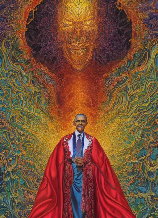 Image similar to beautiful oil painting, full length portrait of Barack Obama in coronation robes 1701, baroque, Dan Mumford, Dan Mumford, Alex grey, Alex grey, highly detailed , lsd visuals, dmt fractal patterns, hallucinogen, visionary art, psychedelic art, ornate, vaporwave, baroque