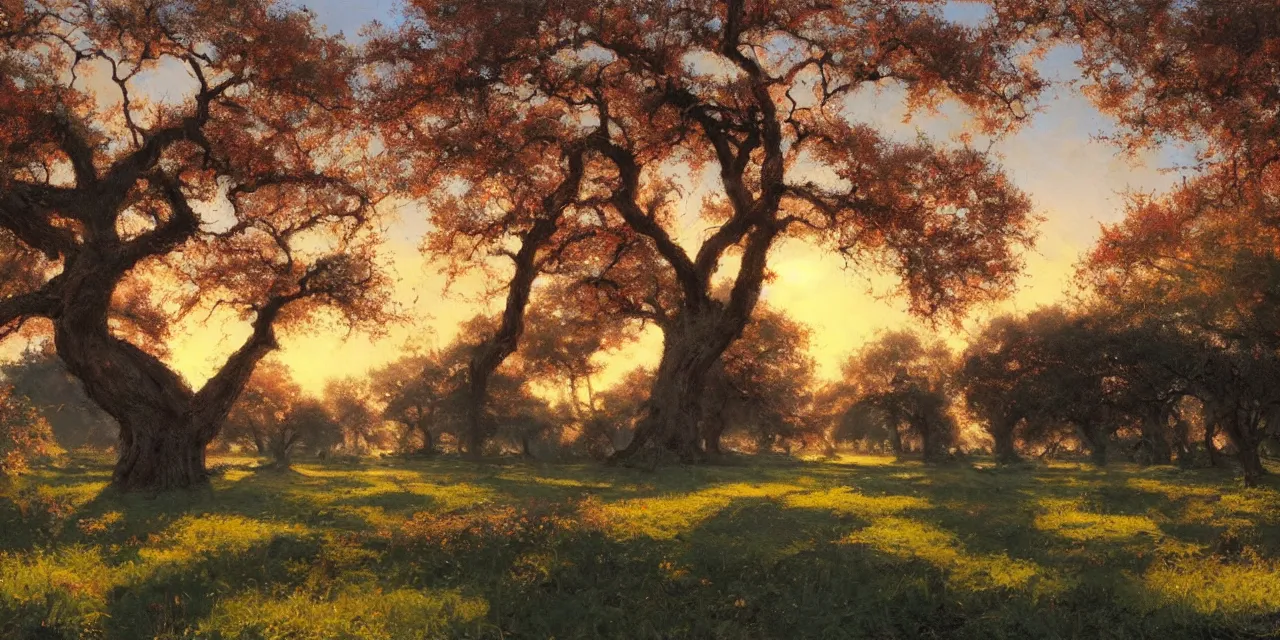 Prompt: a beautiful, stunning landscape with giant oak trees in spring during sunset by craig mullins