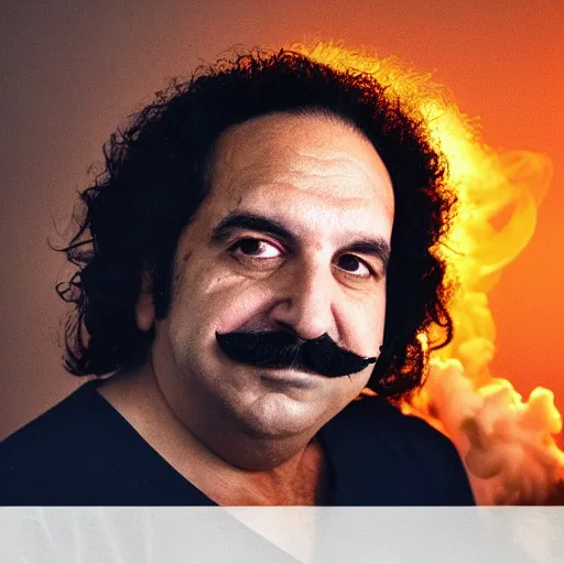 Prompt: Ron Jeremy on top of a roof exhaling smoke, moody, atmospheric