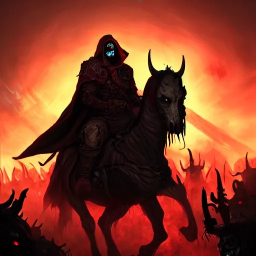 Prompt: a dark hooded general with glowing red eyes rides his horse above an army of zombies and ghouls, dark, D&D, Fantasy, MTG, heroic, Artstation, silhouette