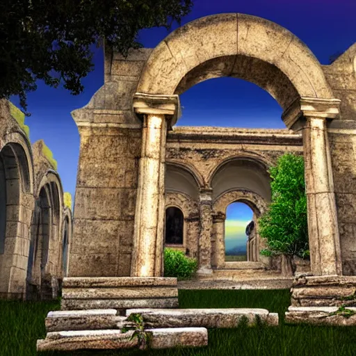 Prompt: ancient, Greek church,monument, arch, fantasy, mountain valley, hyper realistic