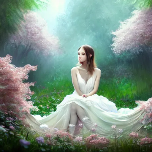 Prompt: a picture of a beautiful woman in a white organza dress and covered in flowers and leaves sitting sitting in an enchanted forest, high fantasy, elegant, epic, detailed, intricate, digital painting, concept art, realistic detailed face, smooth, focus, volumetric light and rim light,