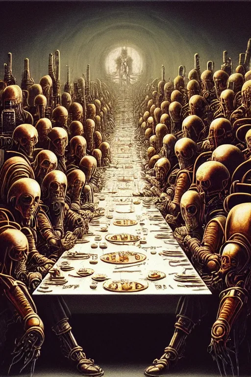 Image similar to painting of tech priests dining at the last supper, adeptus mechanicus!, cybernetic enhancements attached to his body, praise the omnissaiah, zdzislaw beksinski, lewis jones, mattias adolfsson, warhammer 4 0 k!!, cold hue's, warm tone gradient background, concept art, digital painting