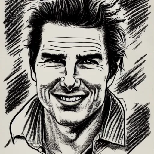 Image similar to a portrait drawing of Tom Cruise drawn by Robert Crumb