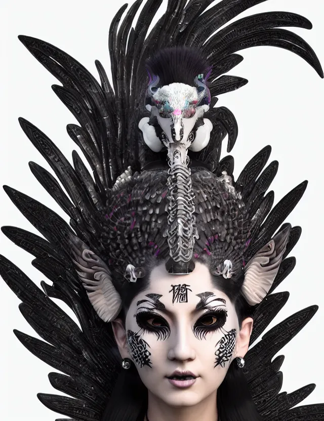 Image similar to 3 d goddess close - up profile portrait punk with mohawk with ram skull. beautiful intricately detailed japanese crow kitsune mask and clasical japanese kimono. betta fish, jellyfish phoenix, bio luminescent, plasma, ice, water, wind, creature, artwork by tooth wu and wlop and beeple and greg rutkowski