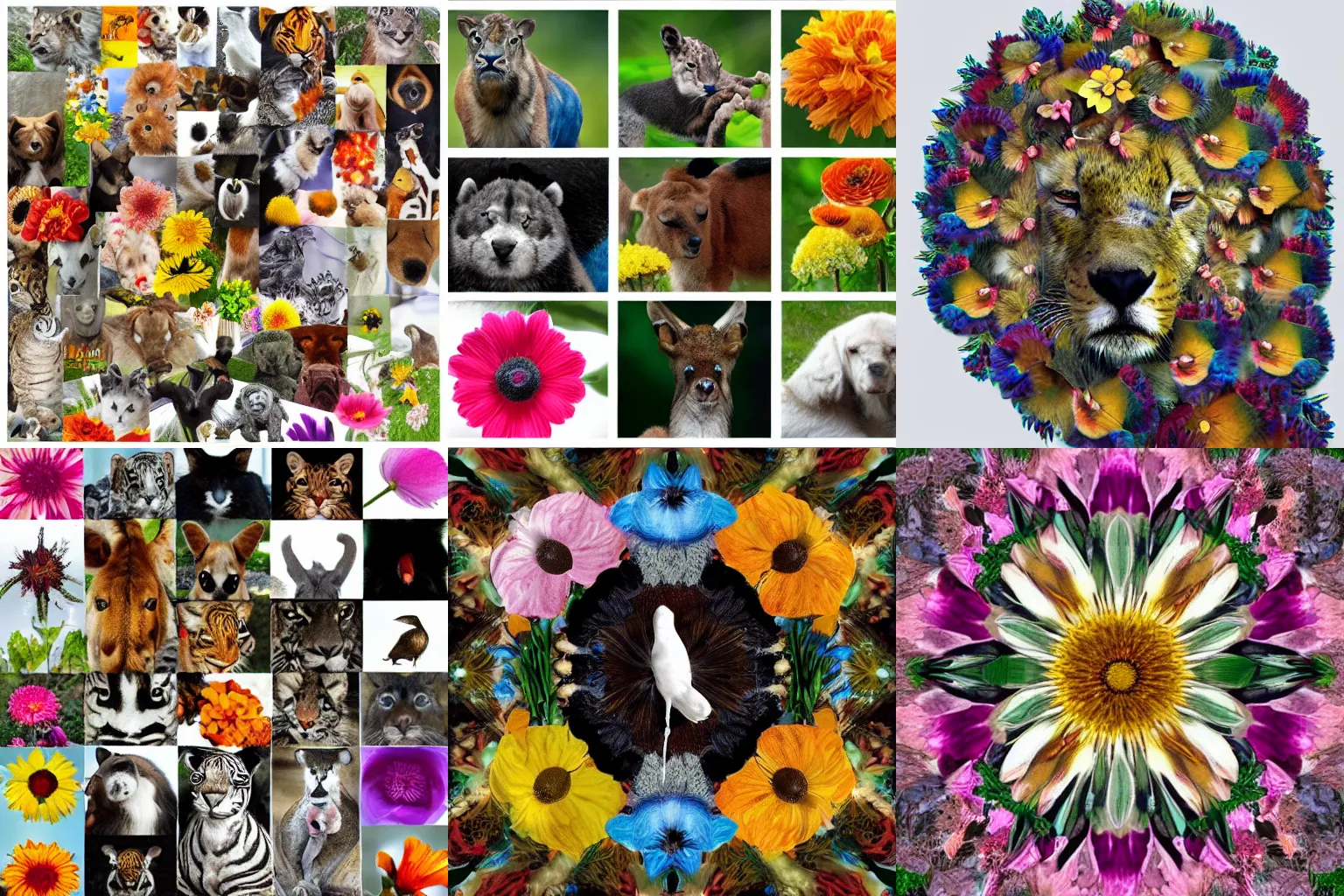 Prompt: animals that when arranged on top of each other create a collage forming an image of a flower