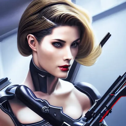 Prompt: A combination of Ada Wong's and Grace Kelly's and Ashley Greene's appearances with blonde hair wearing Warframe armor, high tech, action shot, angular, full body portrait, futuristic, dramatic, fantasy, intricate, elegant, highly detailed, artstation, matte, sharp focus, 8K, art by Donato Giancola and James Gurney