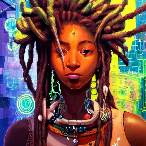 Image similar to dreads - cyberpunk deities and their creations, gods and men, manifesting dreams with kemetic magic in a modern world | hyperrealistic digital painting | by makoto shinkai, ilya kuvshinov, lois van baarle, rossdraws, basquiat | afrofuturism, in the style of surrealism, trending on artstation | dark color scheme
