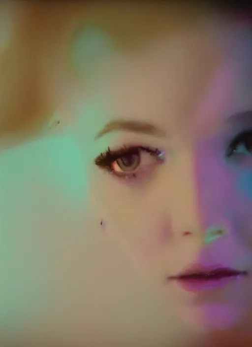 Prompt: out of focus photorealistic portrait of emma stone by sarah moon, very blurry, translucent white skin, closed eyes, foggy, violet and aqua neon lights