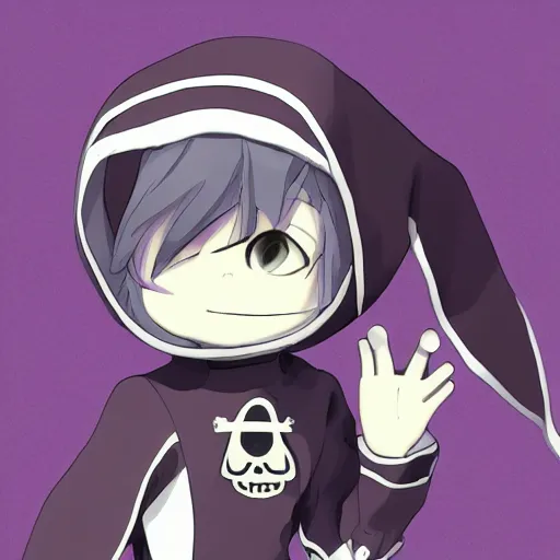 Image similar to cute little boy wearing an skull mask and dressed in an nun outfit, purple color palette, artwork made in made in abyss art style, inspired in ddtank and hirohiko araki, ray tracing, soft details, anatomically correct, aesthetic