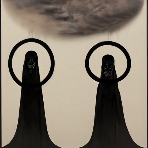 Image similar to enso, multiple exposure by chris leib manmade. in the center of the print is a large gateway that seems to lead into abyss of darkness. on either side of the gateway are two figures, one a demon - like creature, the other a skeletal figure.