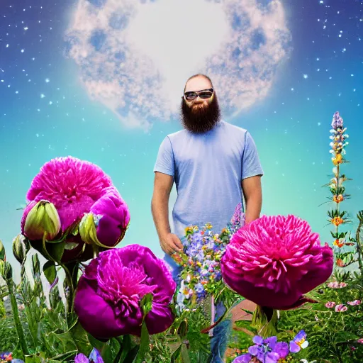 Image similar to a portrait of a man with flowers in the beard, roses peonies forget-me-nots dahlias lupins gladioli, sky theme in background, 35mm Photograph, 4K Resolution, Astrophotography, Digital Art, Trending on artstation