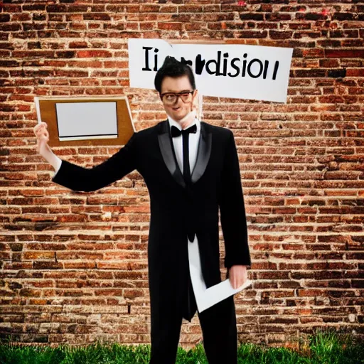 Prompt: stock image of a man in a tuxedo holding up a sign that says im using stable diffusion!!