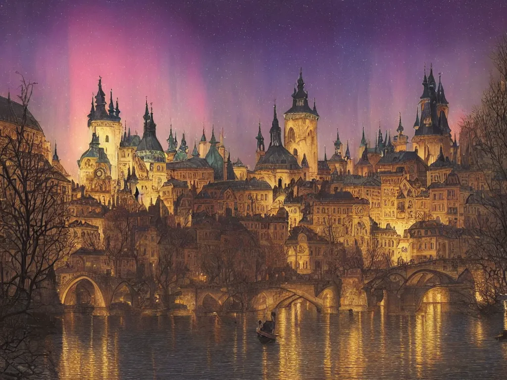 Image similar to a view from the river an ancient medieval castle city resembling prague, paris, and venice at night with northern lights in the sky, intricate, elegant, highly detailed, digital painting, artstation, concept art, smooth, sharp focus, colored illustration for tattoo, art by thomas kincade, krenz cushart and artem demura and alphonse mucha,