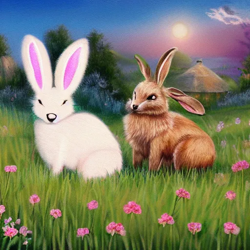 Prompt: hybrid animal mix between cute fluffy tan lop eared bunny and fluffy white fox sitting in whimsical grassy landscape detailed painting 4k