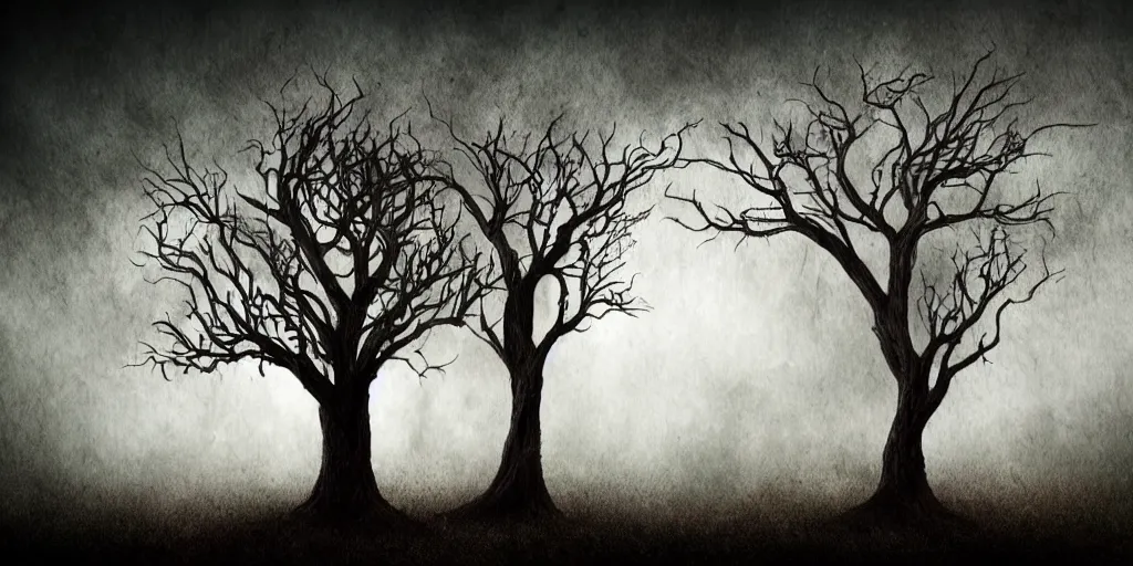Image similar to fun strange darkness house, dead tree, inspired by Tim Burton, (by Tim Burton) dark forest background, mist, fog, volumetric lighting