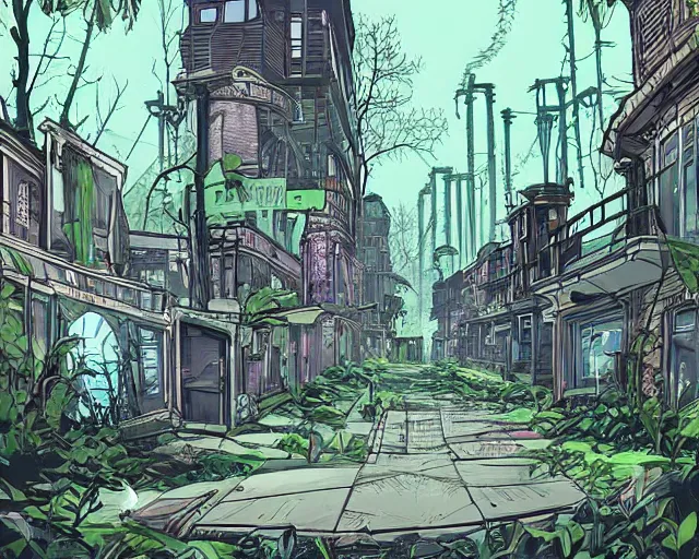 Image similar to the abandoned streets of the overgrown city in the style of decopunk/crystalpunk