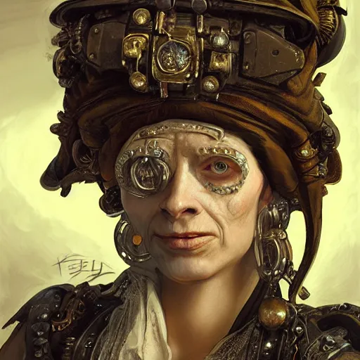 Prompt: portrait, headshot, digital painting, of a old 17th century, old cyborg female merchant, amber jewels, baroque, ornate clothing, scifi, realistic, hyperdetailed, chiaroscuro, concept art, art by Franz Hals and Jon Foster