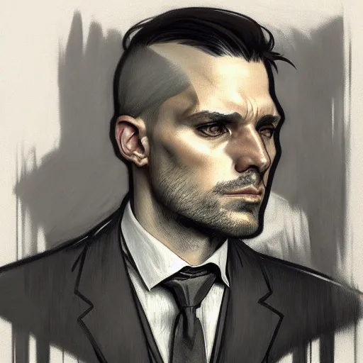 Prompt: charcoal drawing portrait of a man in suit by darek zabrocki and greg ruthkowski, alphonse mucha, simon stalenhag and cinematic and atmospheric, concept art, artstation, trending on artstation