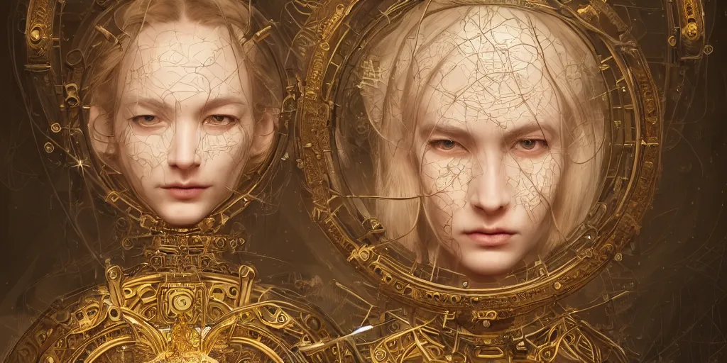 Image similar to hyperrealistic photography of a highly detailed and symmetrical gorgeous nordic female scientist constructing a golden baroque time machine in the style of Jin Kagetsu, James Jean and wlop, face symmetry, highly detailed, masterpiece, award-winning, sharp focus, intricate concept art, ambient lighting, 8k, artstation