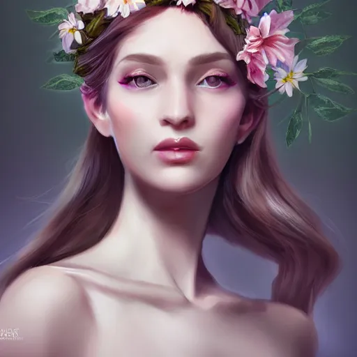 Prompt: character concept portrait of a beautiful woman with pale face, flowers in her hair, intricate, elegant, digital painting, concept art, smooth, focus, rim light