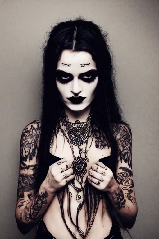 Prompt: Medium close-up photo of a pretty Goth girl wearing a large Ankh necklace, long dark hair, dark colors, tattoos, soft lighting, rich cinematic atmosphere, poster, 8k