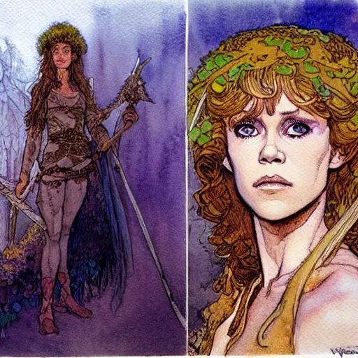 Prompt: a realistic and atmospheric watercolour fantasy character concept art portrait of a young jane fonda in her 2 0 s as a druidic warrior wizard looking at the camera with an intelligent gaze by rebecca guay, michael kaluta, charles vess and jean moebius giraud