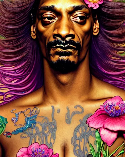 Image similar to closeup portrait snoop dogg, wearing a flower bikini, beautiful siren succubus, intricate, beautiful flowers, hyperrealism, intense, dmt, artgerm, moebius, glamour pose, arney freytag, greg rutkowski, maxfield parrish, dan mumford, moebius, alphonse mucha
