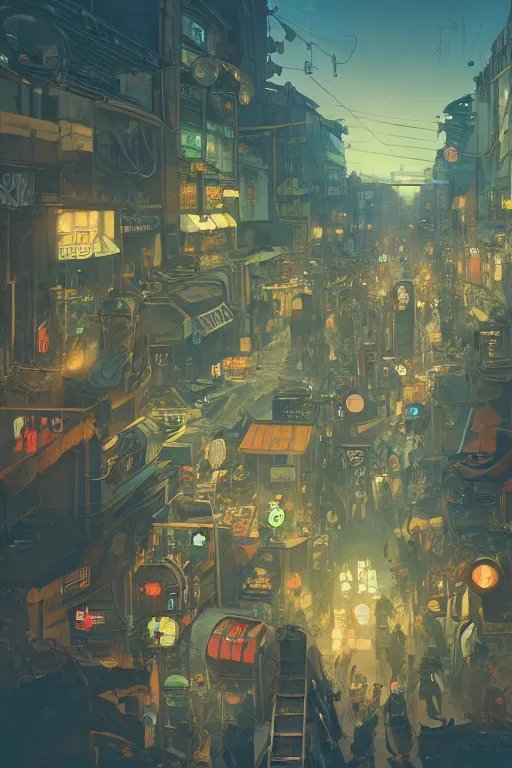 Image similar to crowdy tokyo street, mucha vibe, dieselpunk, solarpunk, artstation, andrei riabovitchev