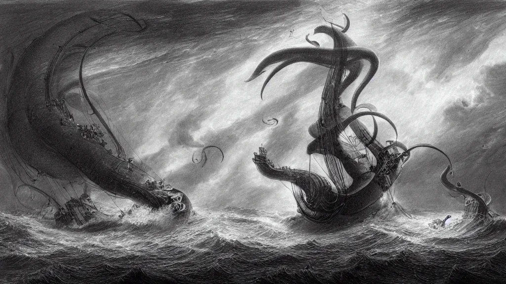 Image similar to drawing of one giant squid attacking a submarine beneath a stormy ocean, by gustave dore, nineteenth century, black and white, vintage, science fiction, epic composition, dramatic lighting, highly detailed, cinematic