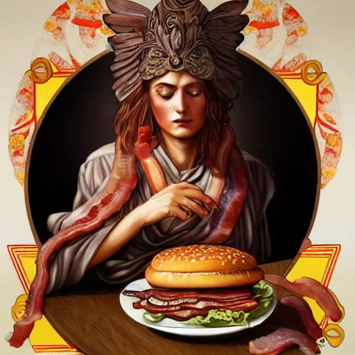 Prompt: detailed full body concept art illustration oil painting of Alexander the Great consuming hamburgers, extra ketchup, bacon lettuce and tomatos, oriental art nouveau, frock, mid body, radiant halo of light, black gold smoke ink, greek god covered in sliced tomatos and onions, peter mohrbacher, artgerm