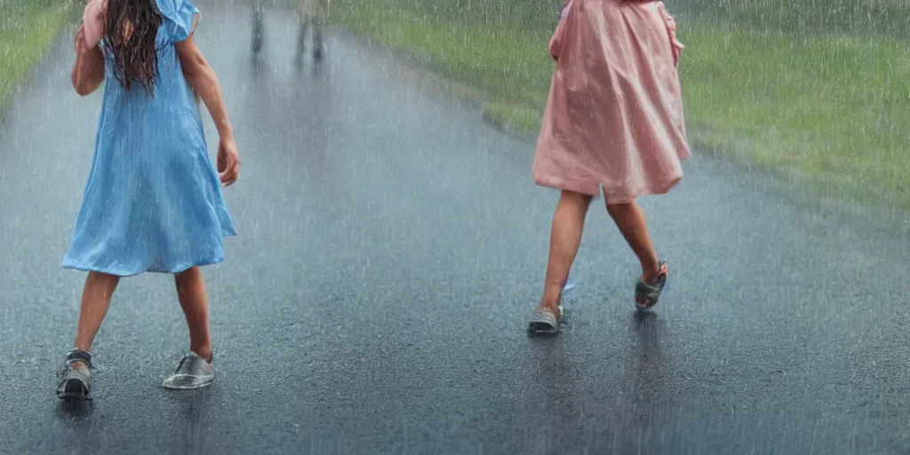 Prompt: hyperrealistic photo of a hot wet girl in a light blue clingy dress in the rain waling down the road, 8 k