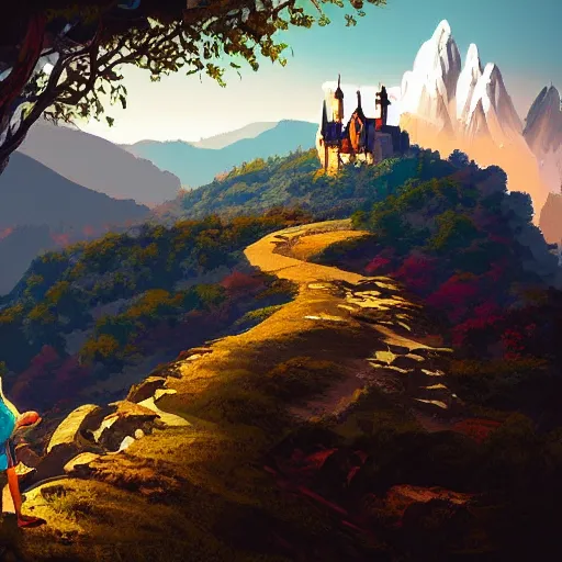 Image similar to a traveler on a mountain overlooking a castle in a valley, game art, digital painting, golden hour,