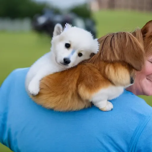 Image similar to 8k highly detailed photograph of a tiny person riding on the back of an adorable corgi, like a horse. blue saddle