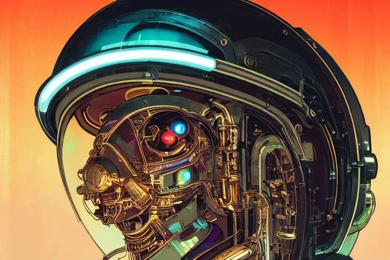 Image similar to portrait of a biomechanical head inside a retro space helmet, vintage transistors, neon, tron, white metal, iridescent visor, smooth, sharp focus, art by Greg Rutkowski and Alphonse Mucha,