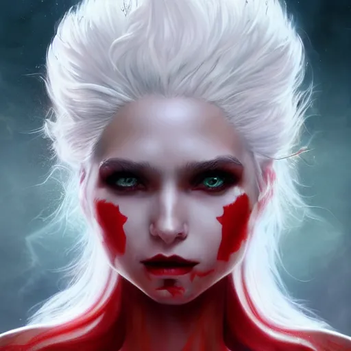 Image similar to ultra realistic illustration, dream humanoid demon girl with white hair, red horns, in white clothes, red eyes, intricate, elegant, highly detailed, digital painting, artstation, concept art, smooth, sharp focus, illustration, art by artgerm and greg rutkowski and alphonse mucha