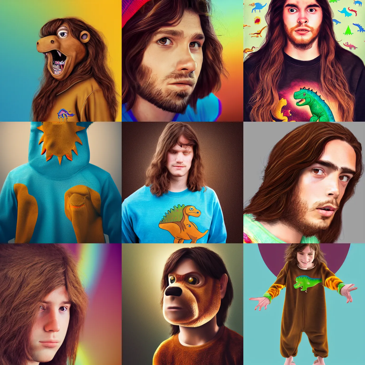 Prompt: young man with long brown hair in a dinosaur onsie, hyperrealism, 8 k, trending on artstation, intricate, colourful, lens flair