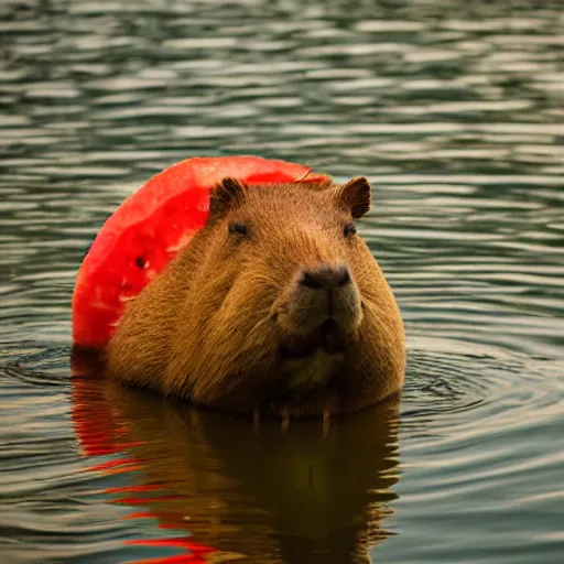 Prompt: professional photo of a capybara sitting on a watermelon that is floating in the middle of the ocean at sunset, taken on a hasselblad xd 1 with a 5 5 mm lens at f / 4. 5