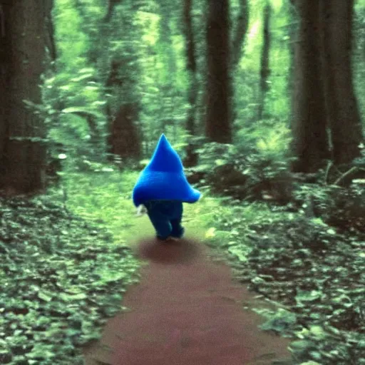 Image similar to bad quality screenshot of a leaked video of a small creature dressed as gnome walking through a forest trail, photo taken from far away, night time, bright camera flash, camera shaking, disturbing, very scary, realistic, very disturbing, ultrarealistic, 480p, scary